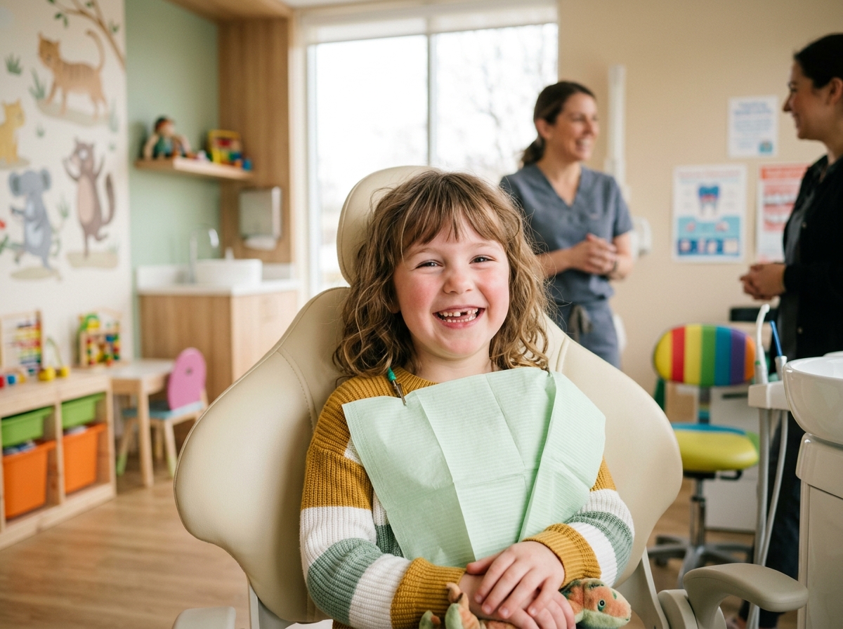 Criança sorridente e relaxada na consulta odontológica